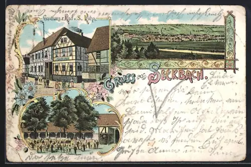 Lithographie Frankfurt-Seckbach, Gasthaus z. Rad v. S. Kühn, Ortsansicht