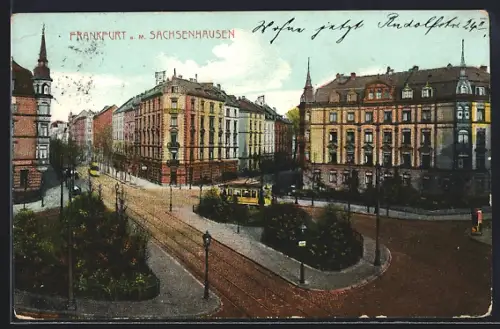 AK Frankfurt-Sachsenhausen, Apotheke mit Strassenbahnen