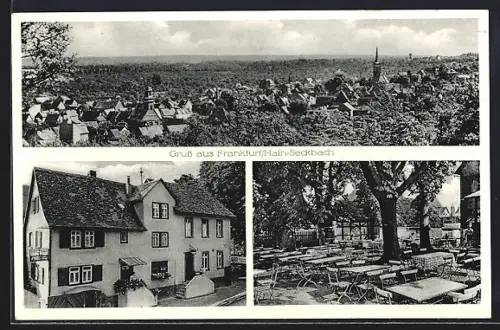 AK Frankfurt-Seckbach, Ortsansicht und Hotel Zum Anker mit Aussenbereich, Bes. J. Welkerling