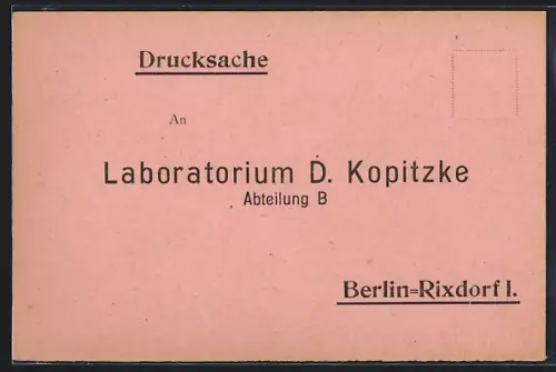 AK Berlin-Rixdorf, Laboratorium D. Kopitzke, Anforderungskarte