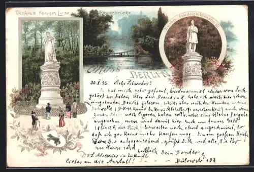 AK Berlin-Tiergarten, Denkmal Königin Luise, Löwenbrücke und Friedrich Wilhelm III. Denkmal