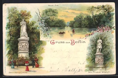 Lithographie Berlin-Tiergarten, Neuer See, Denkmal Königin Louise, Denkmal König Friedrich Wilhelm III.