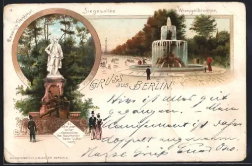 Lithographie Berlin-Tiergarten, Partie am Wrangelbrunnen, Lessing-Denkmal