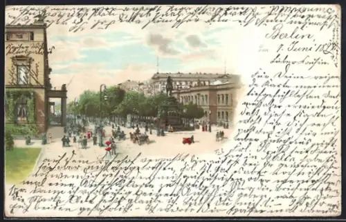 Lithographie Berlin, Unter den Linden mit Denkmal Friedrichs des Grossen