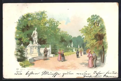 Lithographie Berlin-Tiergarten, Siegesallee mit Denkmal