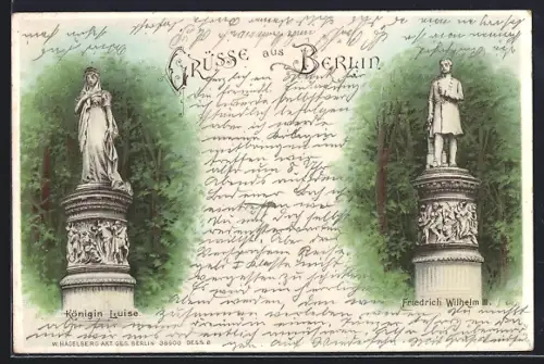 Lithographie Berlin-Tiergarten, Königin Luise und Friedrich Wilhelm III. Denkmäler