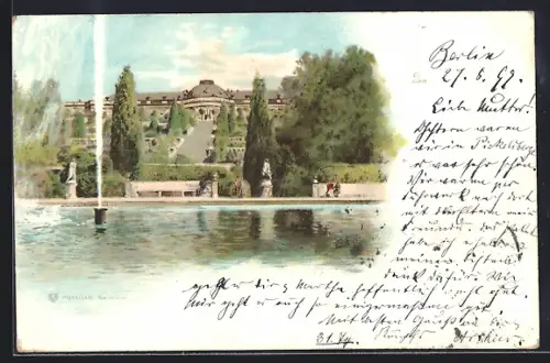 Lithographie Potsdam, Sicht auf Schloss Sansscouci