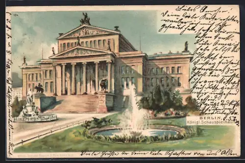 Lithographie Berlin, Springbrunnen vor dem Königl. Schauspielhaus, Gendarmenmarkt