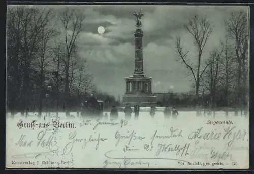 Mondschein-AK Berlin-Tiergarten, Siegessäule im Vollmondlicht