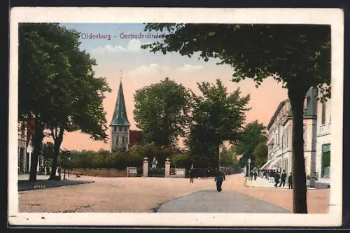 AK Oldenburg / Gr., Strassenpartie an der Gertrudenlinde