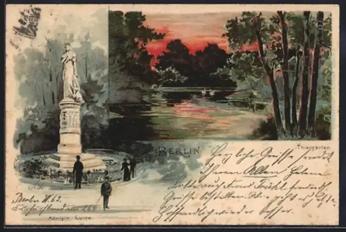 Lithographie Berlin, Grosser Tiergarten zu dunkler Stunde, Königin-Luise-Denkmal, Parkansicht