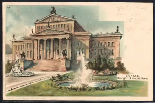 Lithographie Berlin, Springbrunnen vor dem Königl. Schauspielhaus, Gendarmenmarkt