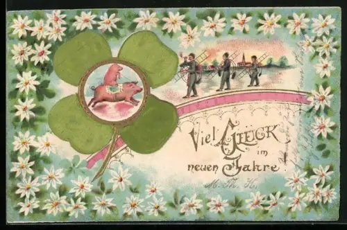 Lithographie Schornsteinfeger, Kleeblatt, Schwein reitet auf Schwein, Blumen