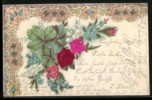 Stoff-Präge-AK Rosen und Vergissmeinnicht, geprägter Ornament-Rahmen