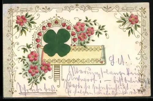 Stoff-Präge-AK Glücksklee und Rosen, Ornamente, Ornament-Rahmen