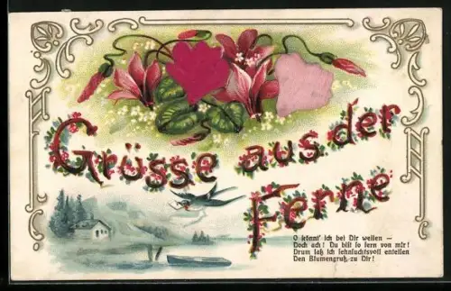 Stoff-Präge-AK Grüsse aus der Ferne, Veilchen