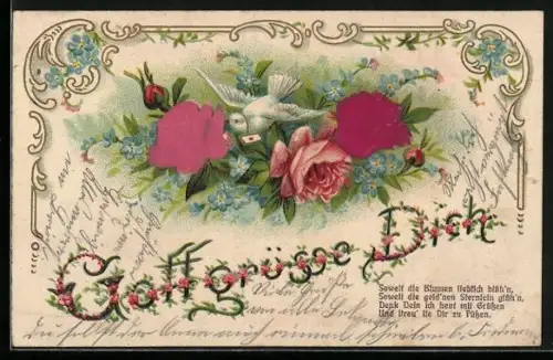 Stoff-Präge-AK Taube zwischen geprägten Rosen, Gott grüsse Dich