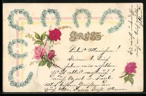 Stoff-Präge-AK Vergissmeinnicht-Hufeisen und Rosen, Ornament