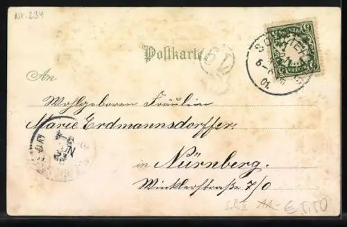 Stoff-Präge-AK Vergissmeinnicht-Hufeisen und Rosen, Ornament