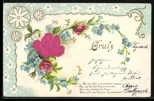 Stoff-Präge-AK Vergissmeinnicht und Rosen, Blumen-Ornamente