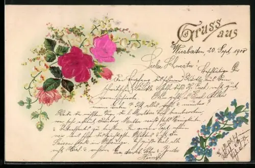 Stoff-Präge-AK Vergissmeinnicht, Rosen u. Maiglöckchen