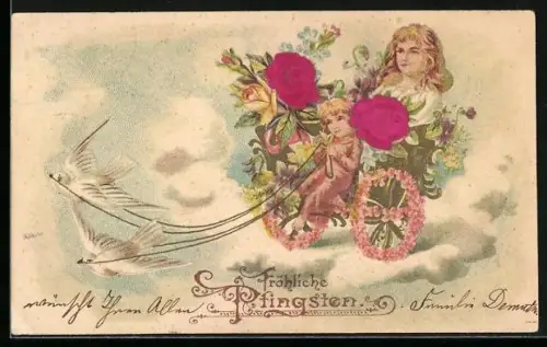 Stoff-Präge-AK Kinder im Blumenwagen mit Rosen, von Tauben gezogen, Pfingstgruss