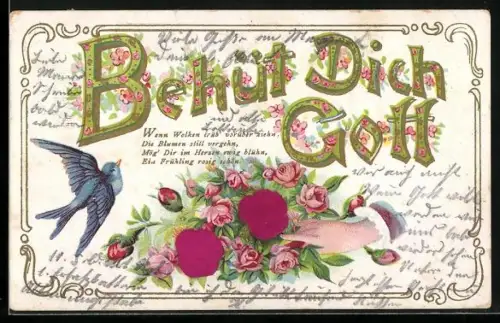 Stoff-Präge-AK Behüt Dich Gott, Rosen, Hand, Taube, Ornament-Rahmen