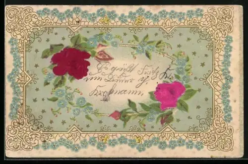 Stoff-Präge-AK Vergissmeinnicht-Kranz mit Rosen, Ornament-Rahmen
