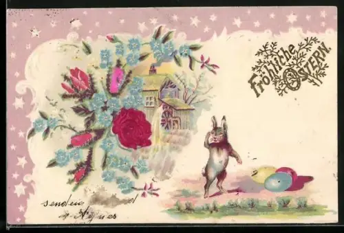 AK Osterhase hält Ausschau nach den Ostereiern auf der Wiese, Fröhliche Ostern!