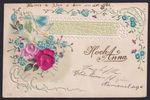 Stoff-Präge-AK Hoch Anna, Rosen, Taubenpaar, Vergissmeinnicht, Ornamente