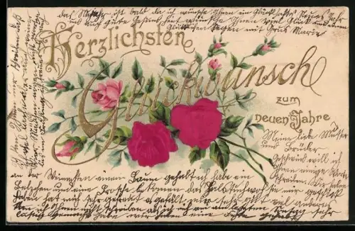 Stoff-Präge-AK Rosen mit Blättern, Neujahrsgruss, goldener Schriftzug, geprägt