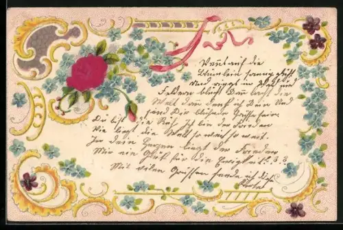 Stoff-Präge-AK Rose und Vergissmeinnicht-Onament-Rahmen