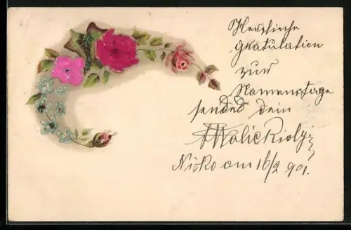 Stoff-Präge-AK Rosen mit Knospe u. Blättern, Vergissmeinnicht