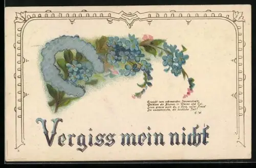 Stoff-Präge-AK Vergissmeinnicht und Hufeisen, Ornament-Rahmen