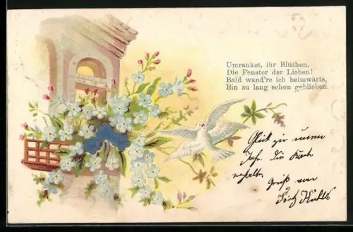 Stoff-Präge-AK Fenster mit Balkon und Vergissmeinnicht-Strauss, Taubenpaar, Vers