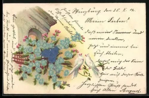 Stoff-Präge-AK Fenster mit Balkon und Vergissmeinnicht-Strauss, Taubenpaar