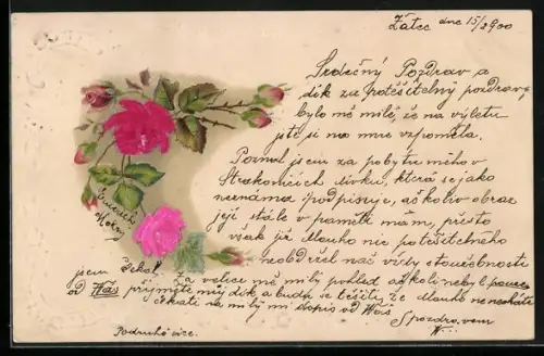 Stoff-Präge-AK Rosenzweig mit Knospen u. Blüten, geprägtes Ornament