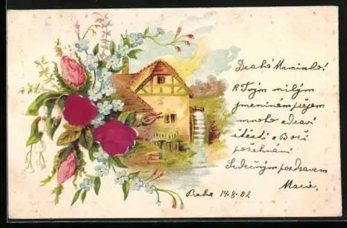 Stoff-Präge-AK Wassermühle mit Rosen u. Vergissmeinnicht, geprägtes Ornament