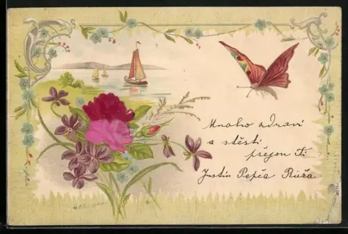 Lithographie Schmetterling, Blume und Segelboot