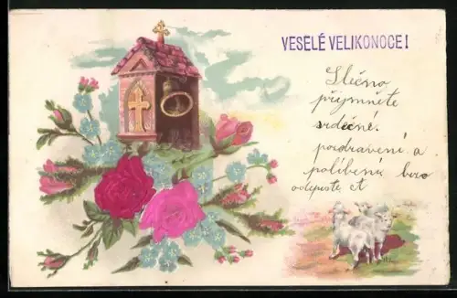 AK Fröhliche Ostern, Glocke läutet zur Osterzeit mit Rosen