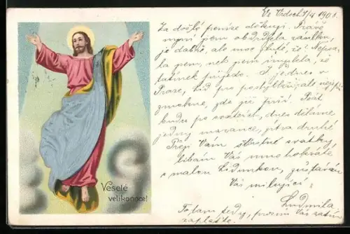 Stoff-Präge-AK Segnender Christus mit geprägtem Gewand, Ostergruss