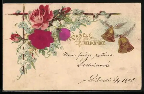 Stoff-Präge-AK Rosen, Vergissmeinnicht, geflügelte Glocken, Ostergruss