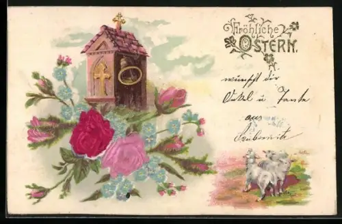 Stoff-Präge-AK Rosen, Vergissmeinnicht, Läutende Glocke, Lämmer, Ostergruss