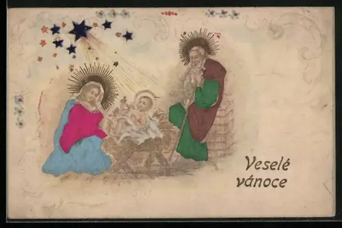 Stoff-Präge-AK Krippenszene, gestanzte Sterne m. transparenter Folie, geprägtes Ornament, Weihnachtsgruss