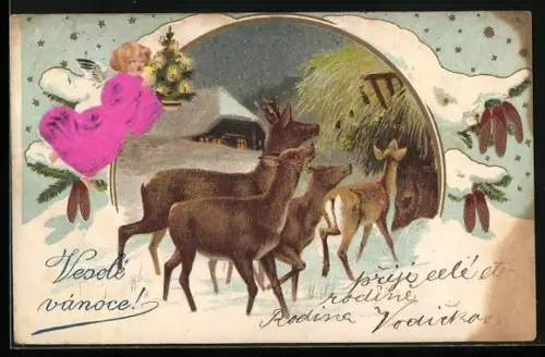 Stoff-Präge-AK Engel mit Lichterbaum, Rehe mit Bescherung, Weihnachtsgruss