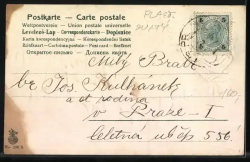 Stoff-Präge-AK Engel mit Lichterbaum, Rehe mit Bescherung, Weihnachtsgruss