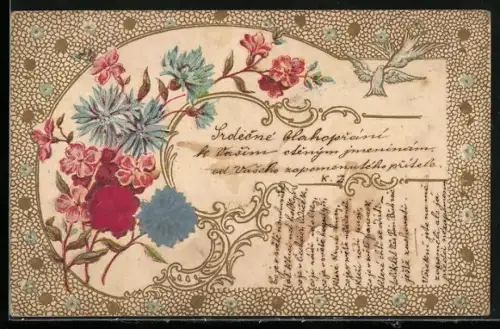 Stoff-Präge-AK Kornblumen u. Rosen, Taubenpaar, Ornament-Rahmen