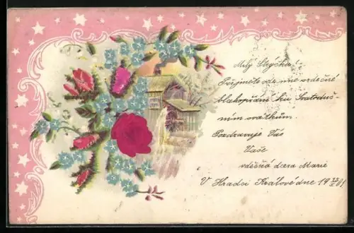 Stoff-Präge-AK Wassermühle, Rosen u. Vergissmeinnicht, Sterne