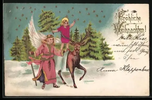 Lithographie Weihnachtsengel, unterwegs mit einem Hirsch im eingeschneiten Wald