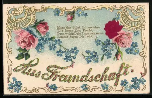 AK Vergissmeinnicht mit Rosen und Goldrahmen